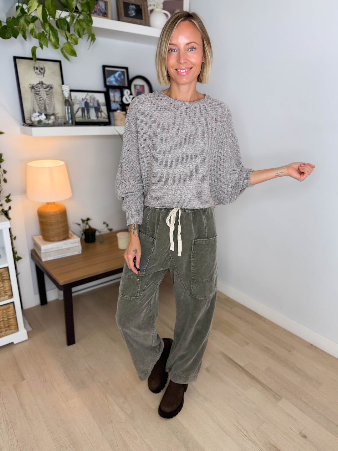 Chailyn Knit Bat Sleeve Crew Neck Sweater- HEATHER TAUPE
