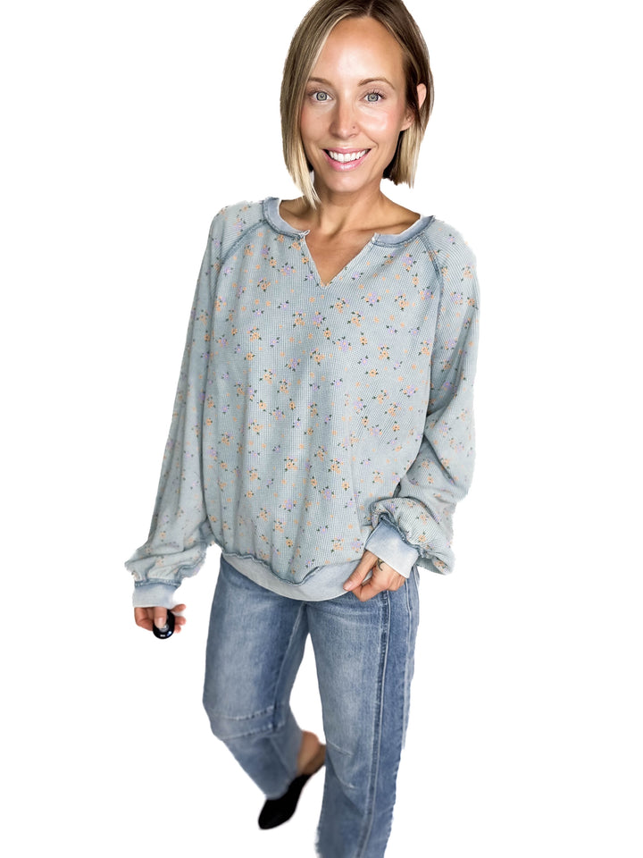 Tess Thermal Knit Long Sleeve- WASHED DENIM