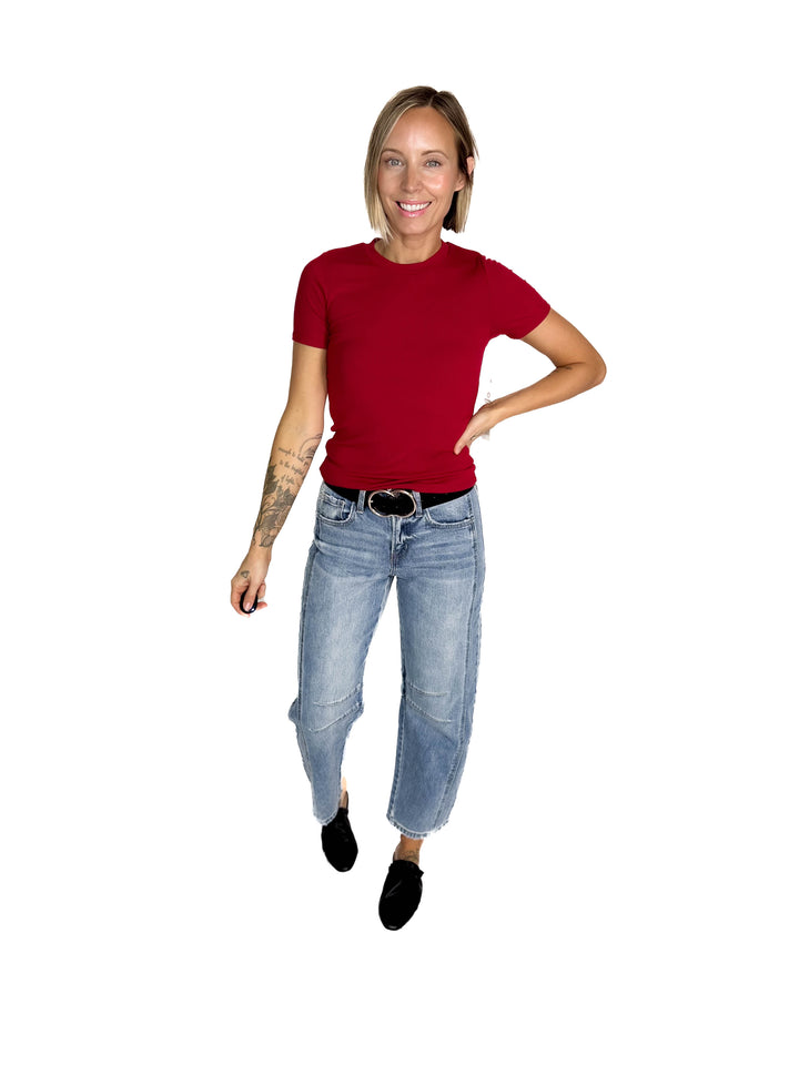 Linley Short Sleeve Micro Ribbed Athleisure Top- GARNET RED