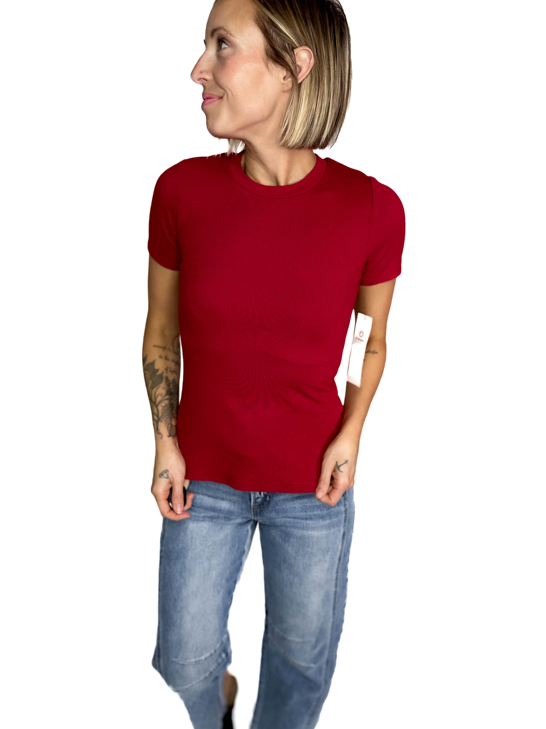 Linley Short Sleeve Micro Ribbed Athleisure Top- GARNET RED