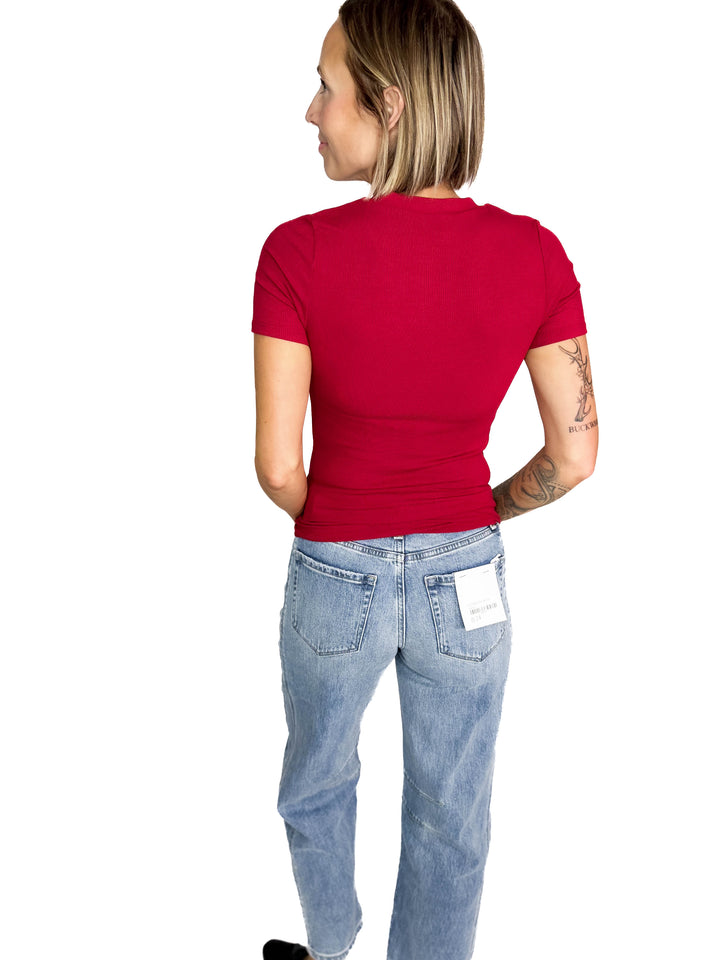 Linley Short Sleeve Micro Ribbed Athleisure Top- GARNET RED