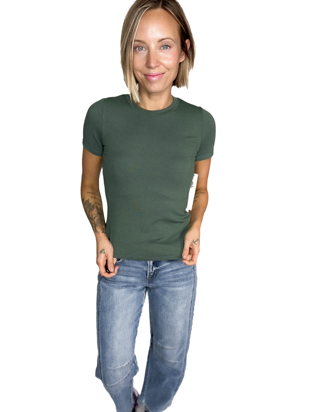 Linley Short Sleeve Micro Ribbed Athleisure Top- SILKY PINE