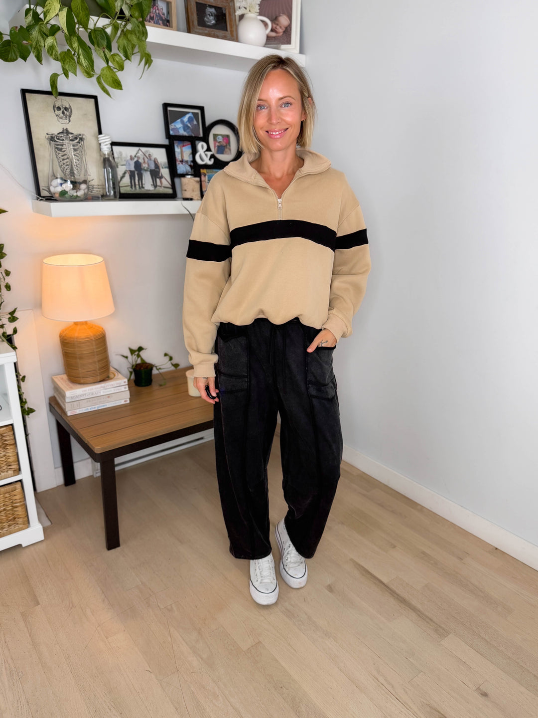 Elm Stripe Block 1/4 Zip- TAUPE/BLACK