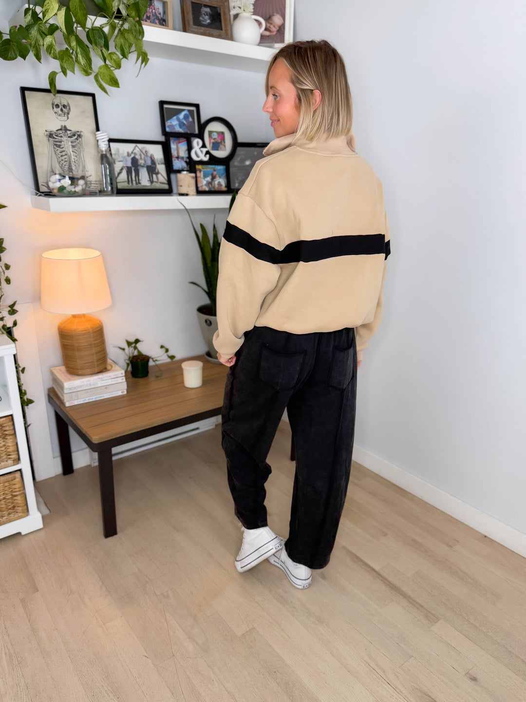 Elm Stripe Block 1/4 Zip- TAUPE/BLACK