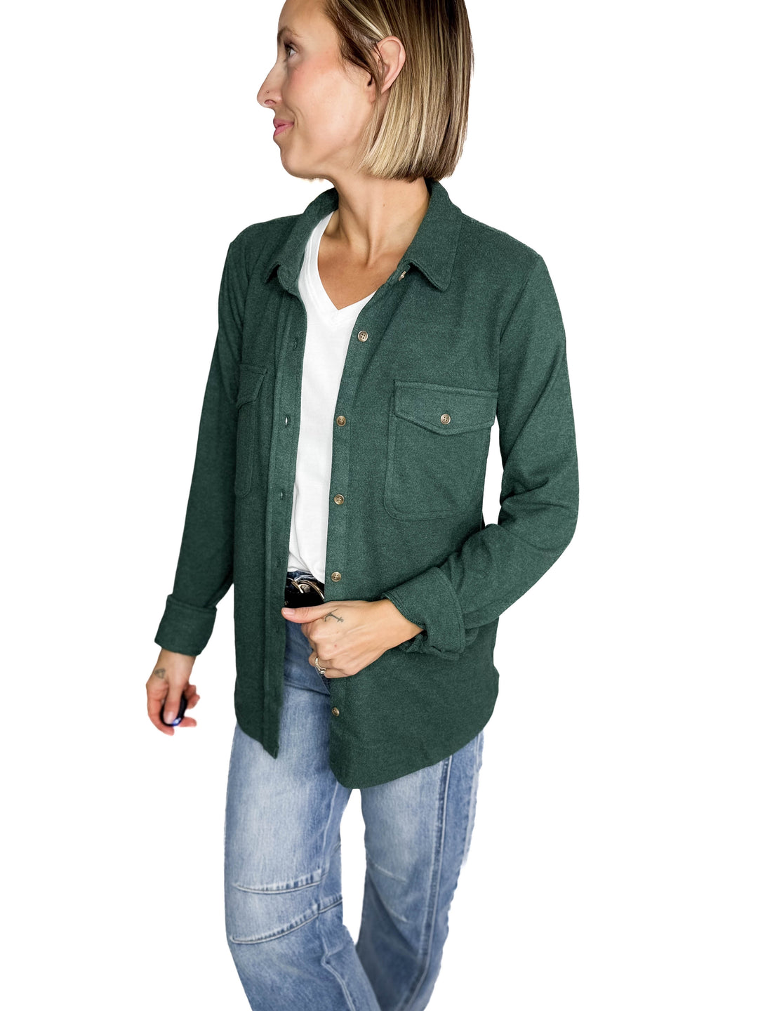 THREAD & SUPPLY Cassian Button Down Shacket- HTHR PINE