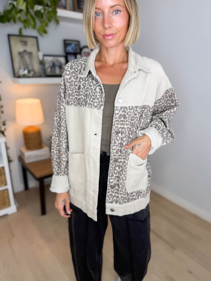 Oakelle Leopard Corduroy Jacket- ECRU