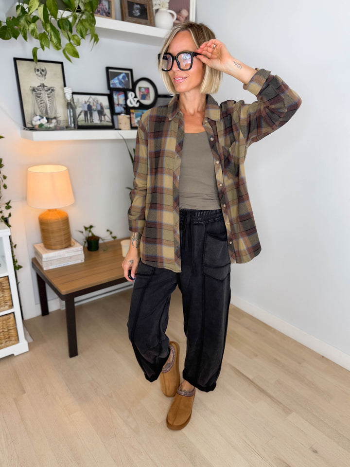 Bramblewood Plaid Flannel Shirt- KHAKI