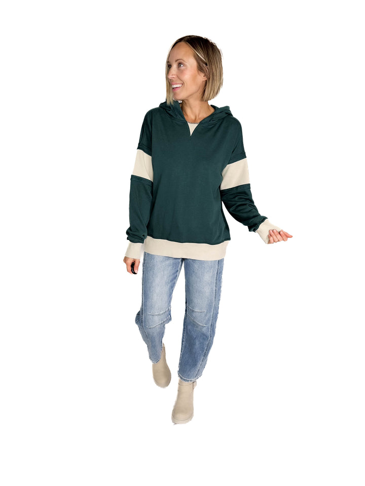 Cora French Terry Pullover Hoodie With Contrast Ribbing- HUNTER GREEN
