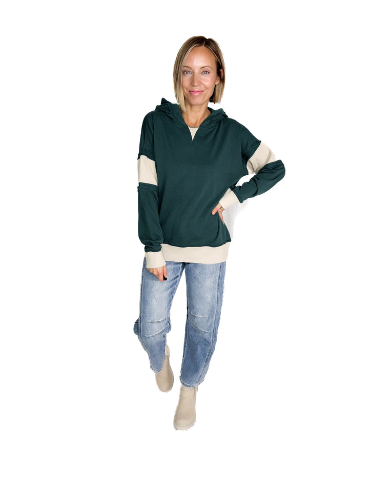 Cora French Terry Pullover Hoodie With Contrast Ribbing- HUNTER GREEN