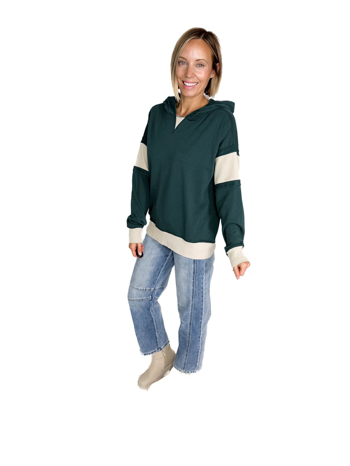 Cora French Terry Pullover Hoodie With Contrast Ribbing- HUNTER GREEN
