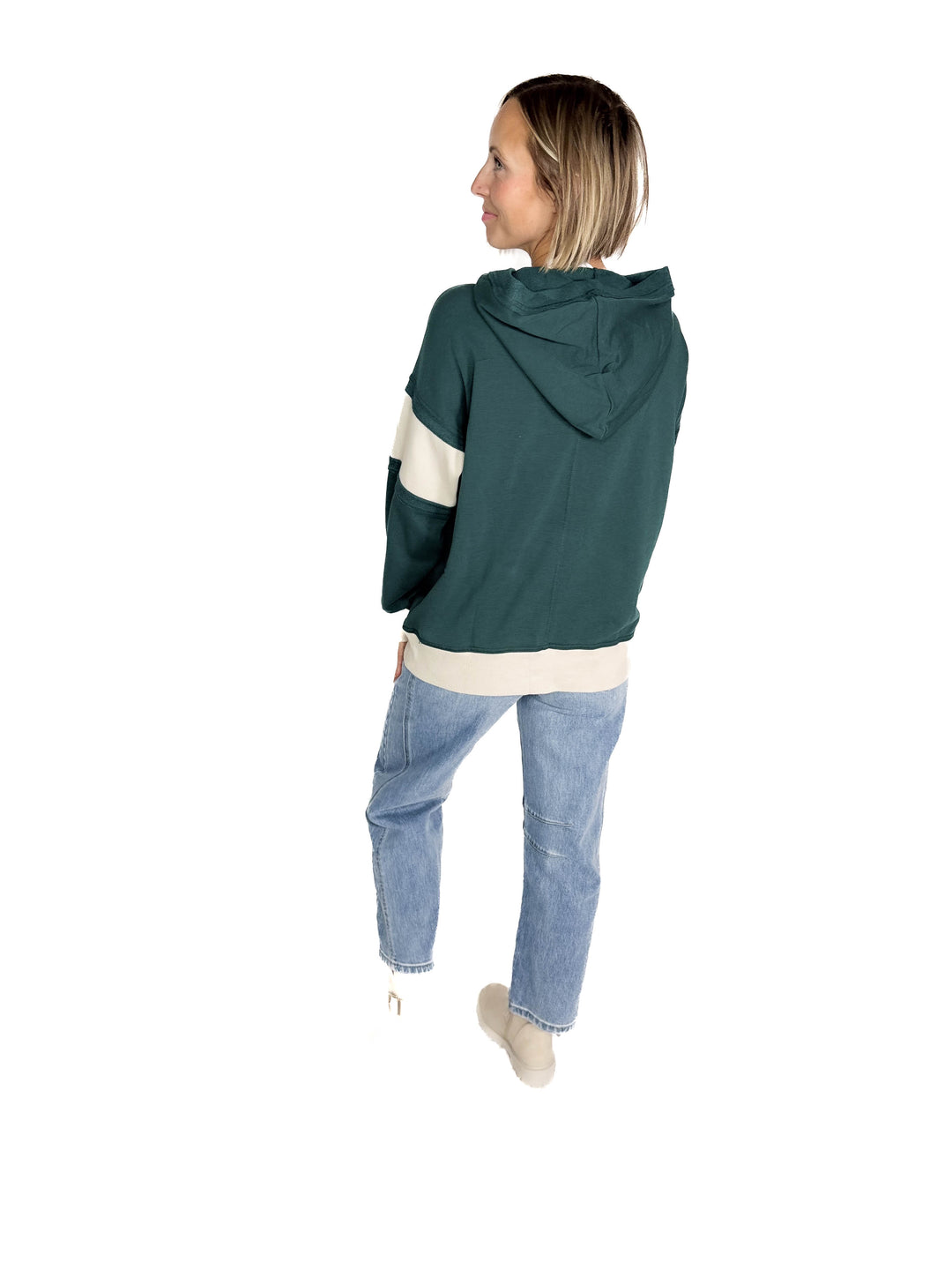 Cora French Terry Pullover Hoodie With Contrast Ribbing- HUNTER GREEN