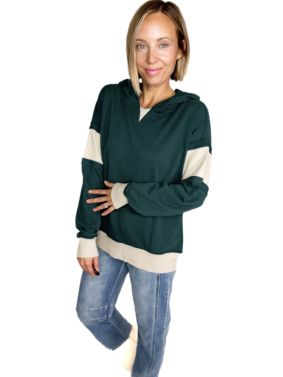 Cora French Terry Pullover Hoodie With Contrast Ribbing- HUNTER GREEN