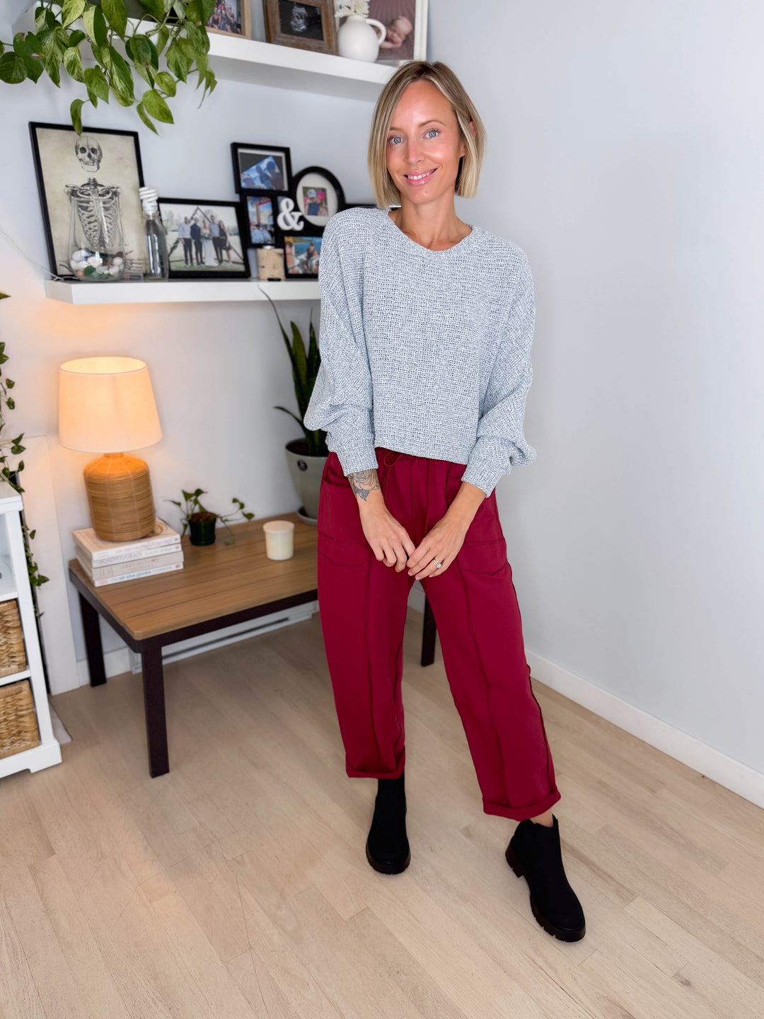 Chailyn Knit Bat Sleeve Crew Neck Sweater- HEATHER GREY