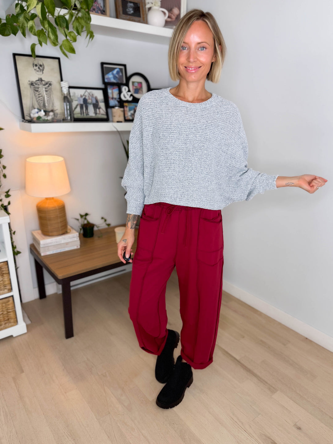 Chailyn Knit Bat Sleeve Crew Neck Sweater- HEATHER GREY