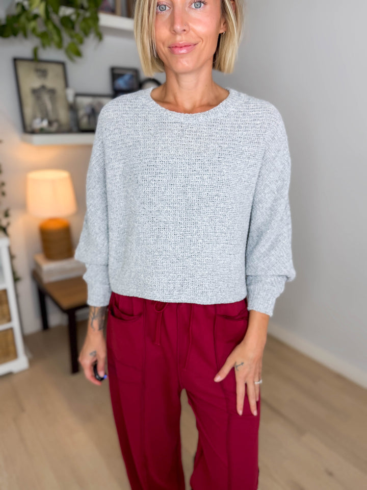Chailyn Knit Bat Sleeve Crew Neck Sweater- HEATHER GREY