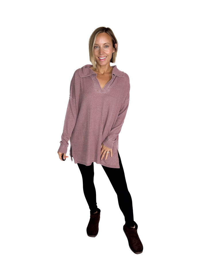 MONO B Arlen Cotton Blend Waffle Knit Oversized Collard Long Sleeve- ROSE TAUPE