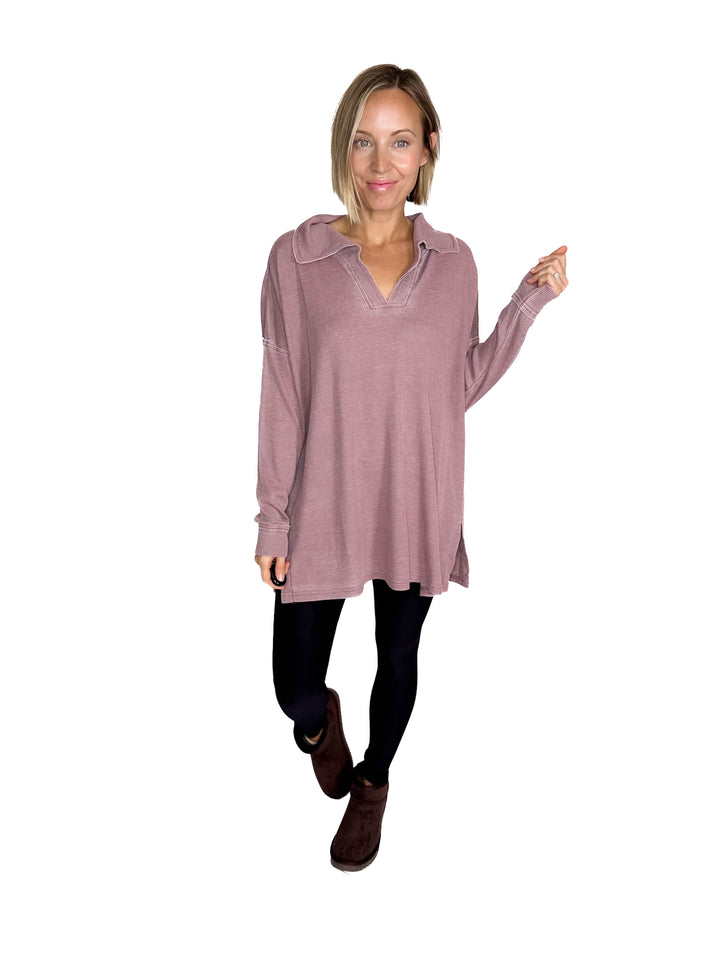 MONO B Arlen Cotton Blend Waffle Knit Oversized Collard Long Sleeve- ROSE TAUPE