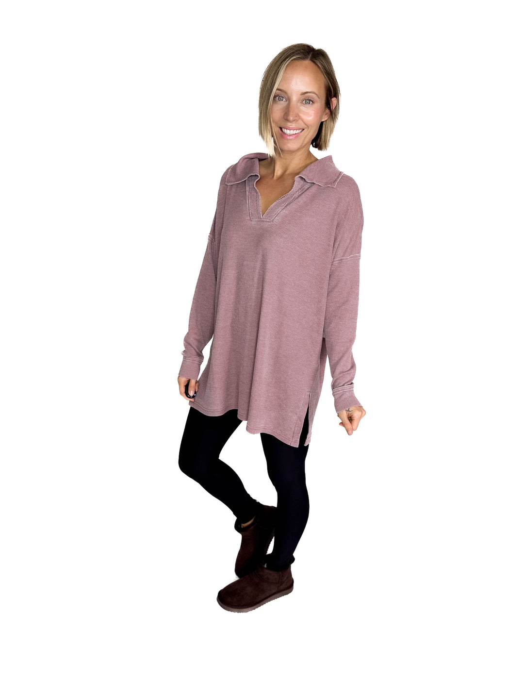 MONO B Arlen Cotton Blend Waffle Knit Oversized Collard Long Sleeve- ROSE TAUPE