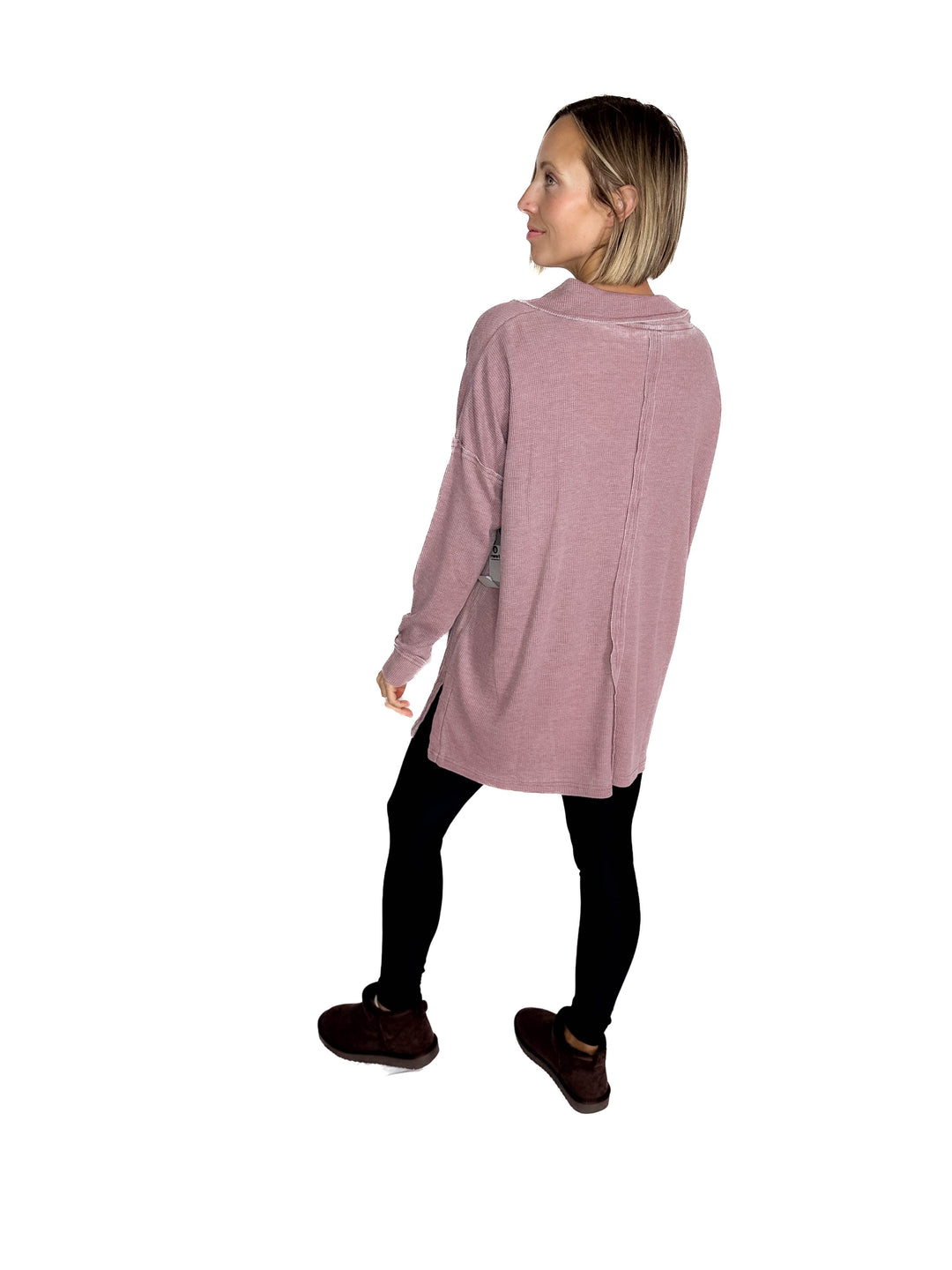 MONO B Arlen Cotton Blend Waffle Knit Oversized Collard Long Sleeve- ROSE TAUPE