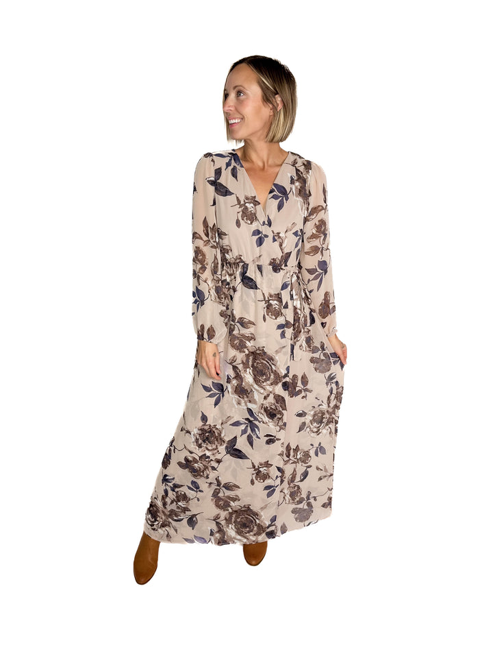 Meadow Long Sleeve Floral Maxi Dress- TAUPE/MOCHA