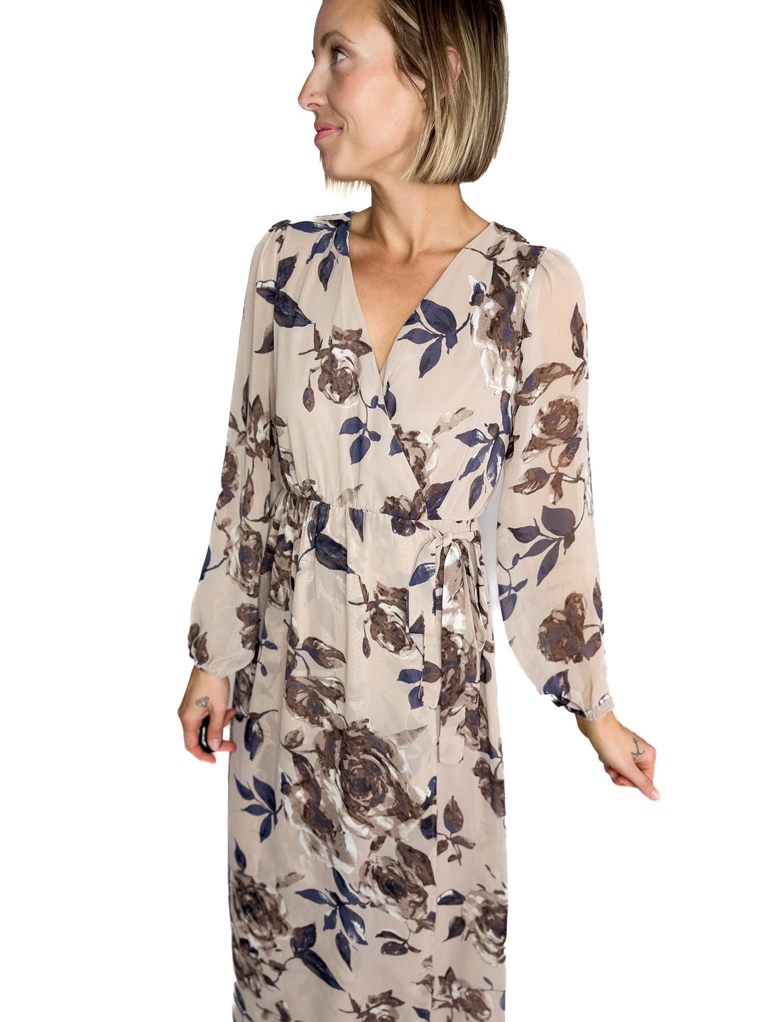 Meadow Long Sleeve Floral Maxi Dress- TAUPE/MOCHA