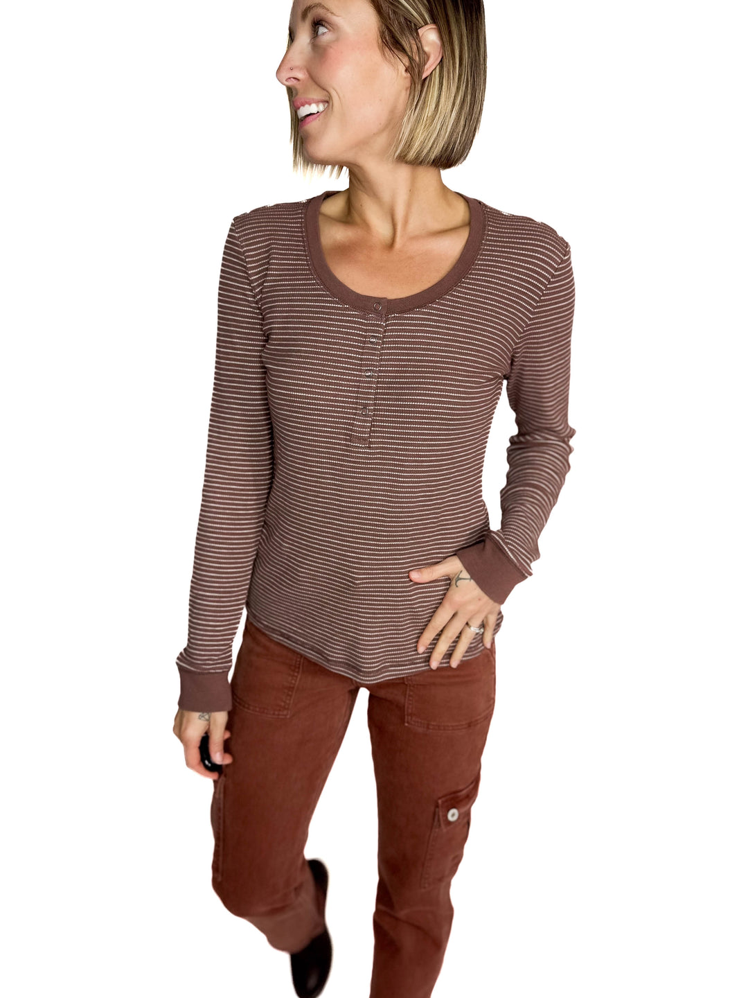 Maya Thermal Henley Top- BROWN