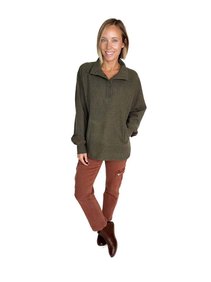 Rove Rib Brush Mock Neck Pullover- REGENCY OLIVE