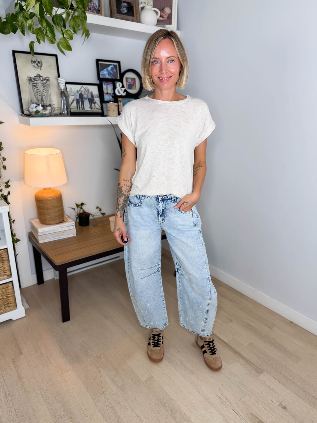 Glowelle Cuff Sleeve Round Neck Tee- NATURAL
