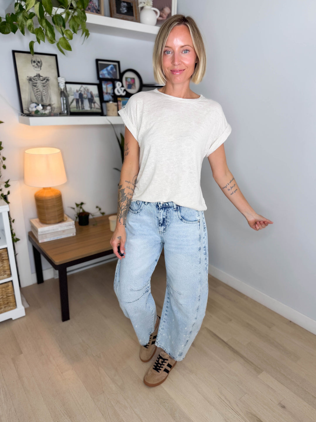 Glowelle Cuff Sleeve Round Neck Tee- NATURAL