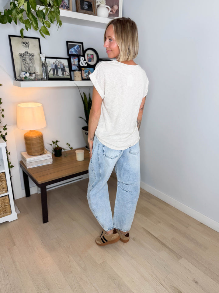 Glowelle Cuff Sleeve Round Neck Tee- NATURAL