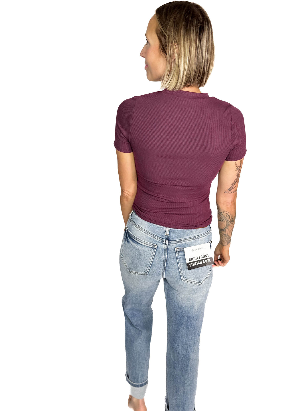 Linley Short Sleeve Micro Ribbed Athleisure Top- DARK PLUM