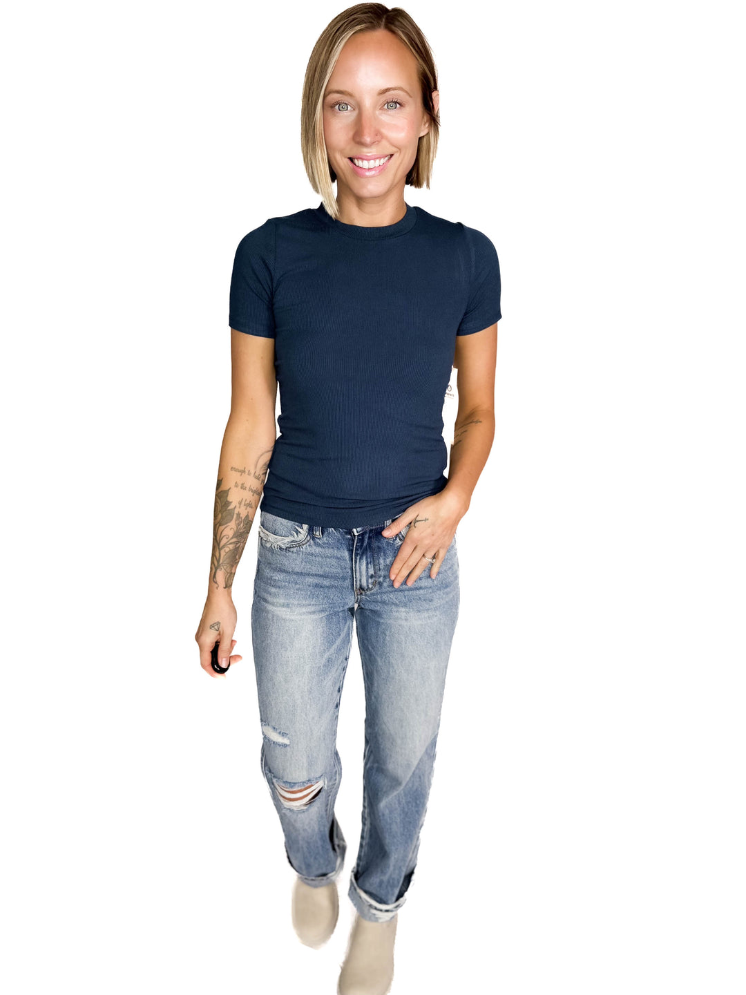 Linley Short Sleeve Micro Ribbed Athleisure Top- MIDNIGHT NAVY