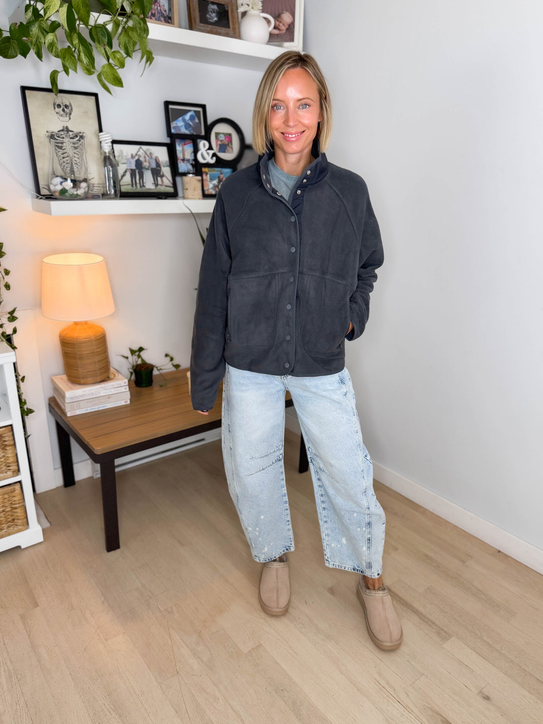 Janelle Snap Button Fleece Jacket- DARK GREY