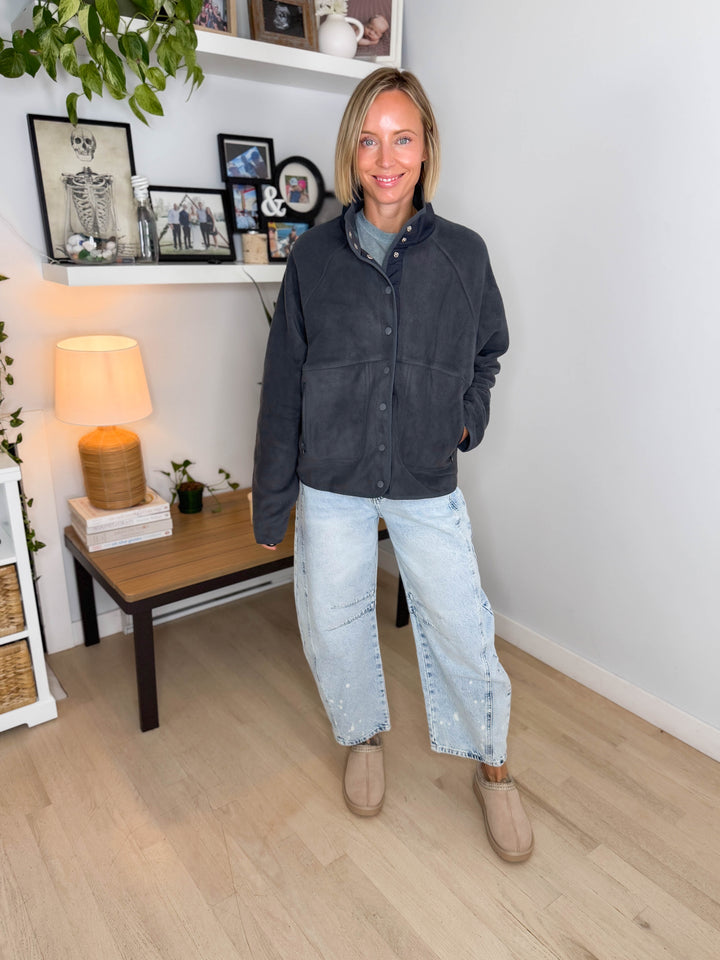 Janelle Snap Button Fleece Jacket- DARK GREY