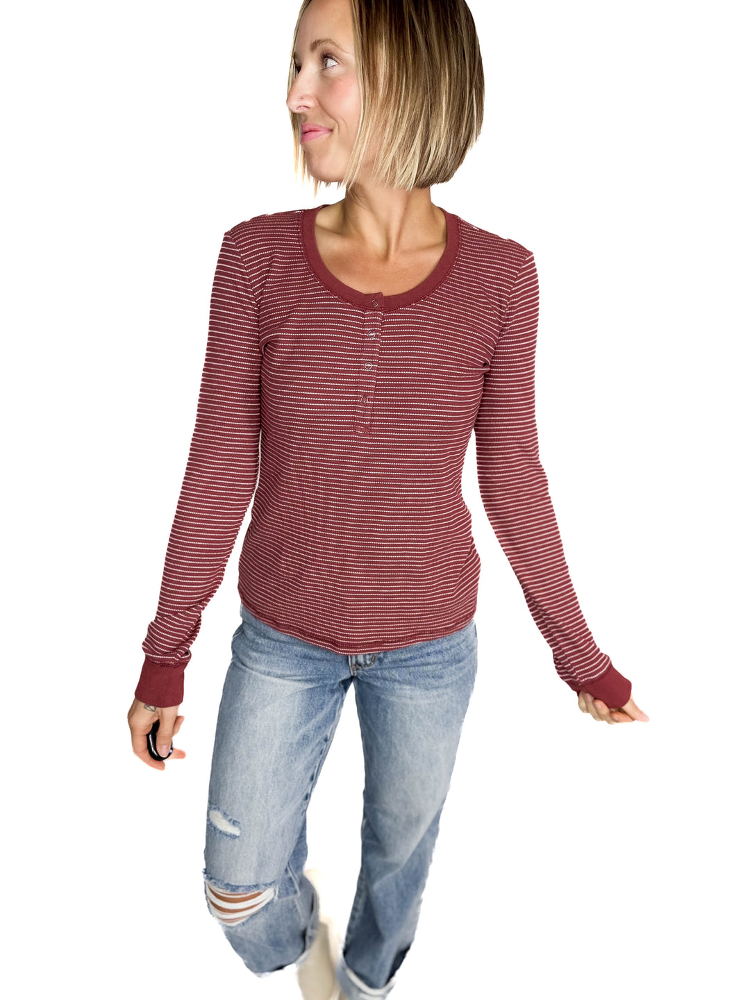 Maya Thermal Henley Top- BURGUNDY