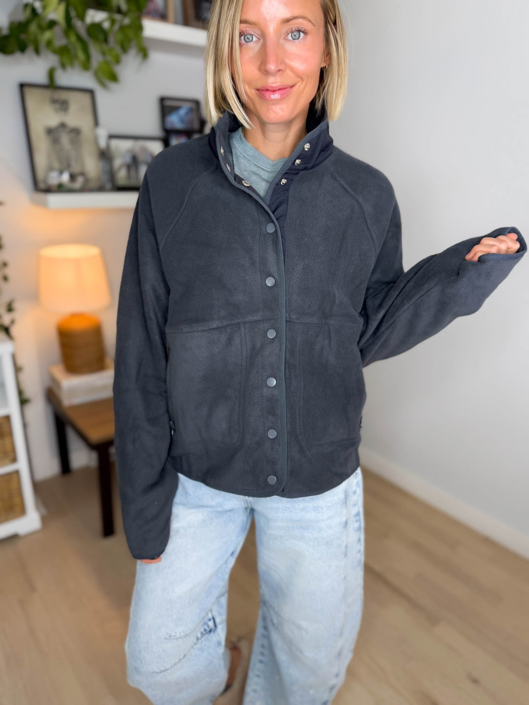 Janelle Snap Button Fleece Jacket- DARK GREY
