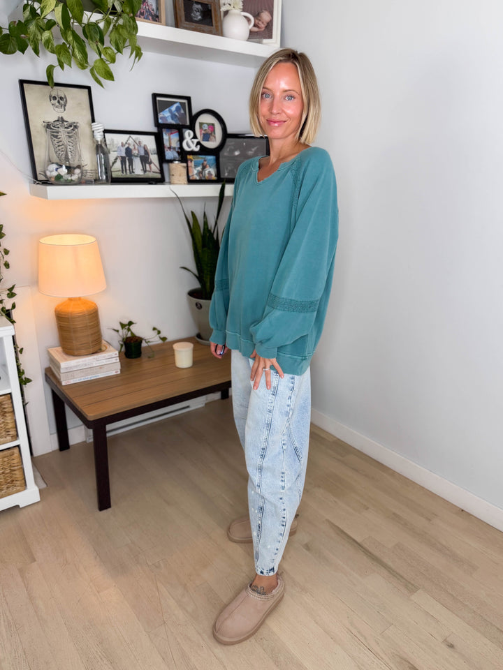 Irini Lace Accent Vintage Washed Pullover- TEAL