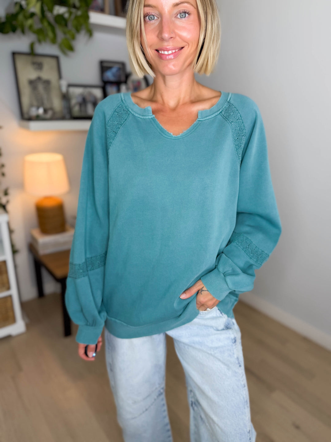Irini Lace Accent Vintage Washed Pullover- TEAL