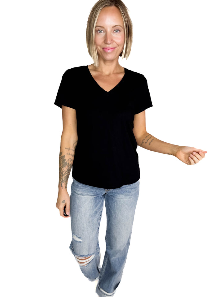 Eleni Cotton Jersey V-Neck T- Shirt- BLACK