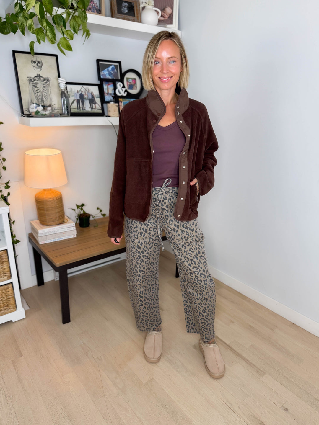 Janelle Snap Button Fleece Jacket- DARK BROWN