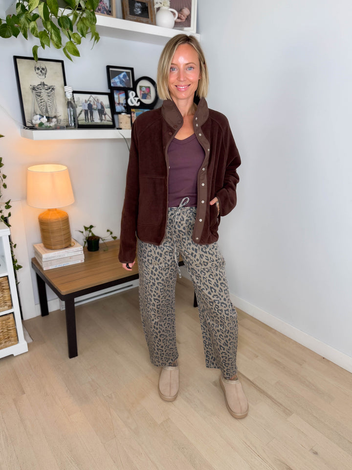 Janelle Snap Button Fleece Jacket- DARK BROWN