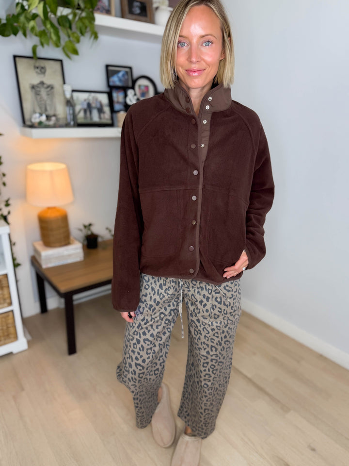 Janelle Snap Button Fleece Jacket- DARK BROWN