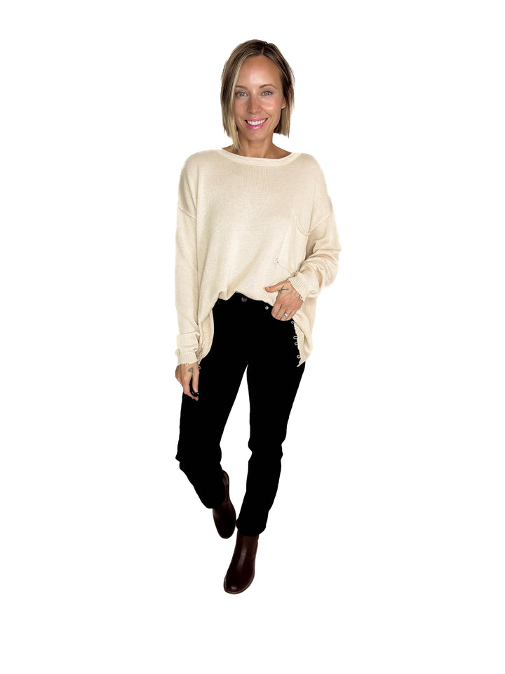 Sona Distressed Tunic Sweater- OATMEAL