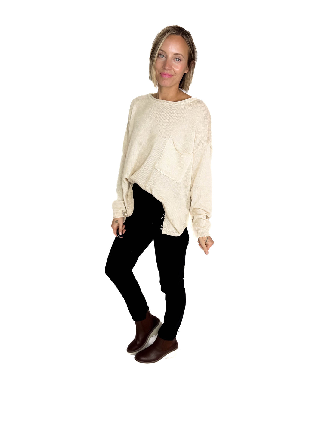 Sona Distressed Tunic Sweater- OATMEAL