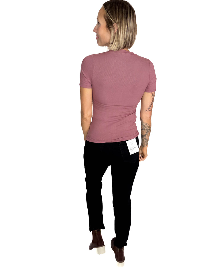 Linley Short Sleeve Micro Ribbed Athleisure Top- ROSE TAUPE