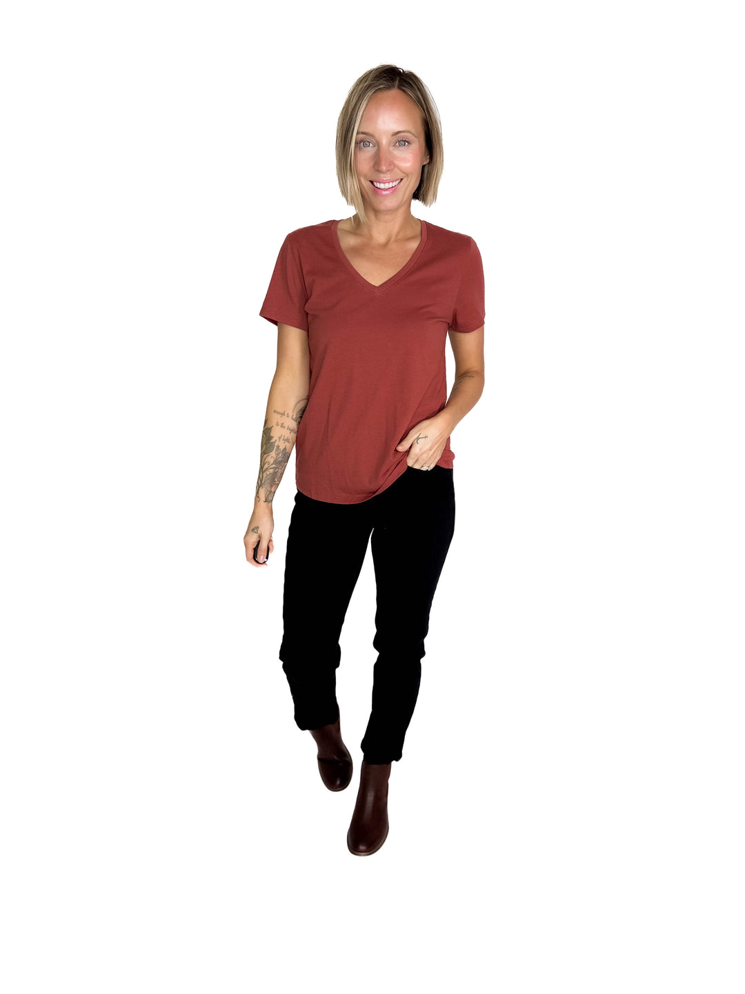 Eleni Cotton Jersey V-Neck T- Shirt- CHILI OIL