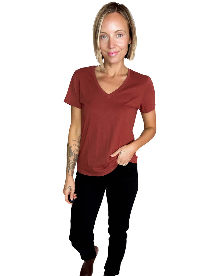 Eleni Cotton Jersey V-Neck T- Shirt- CHILI OIL