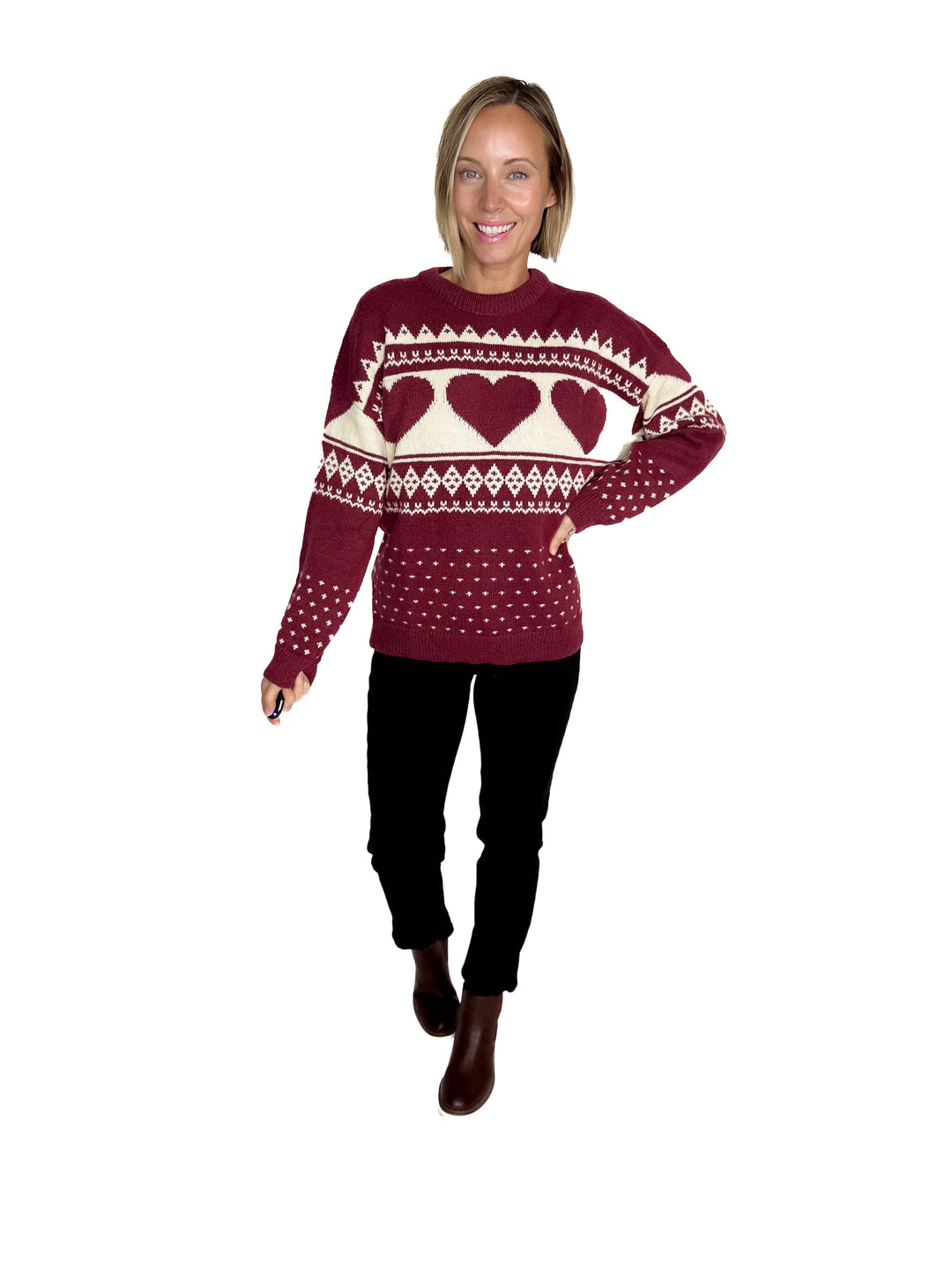 Heart Song Crew Neck Sweater- BURGUNDY/CREAM