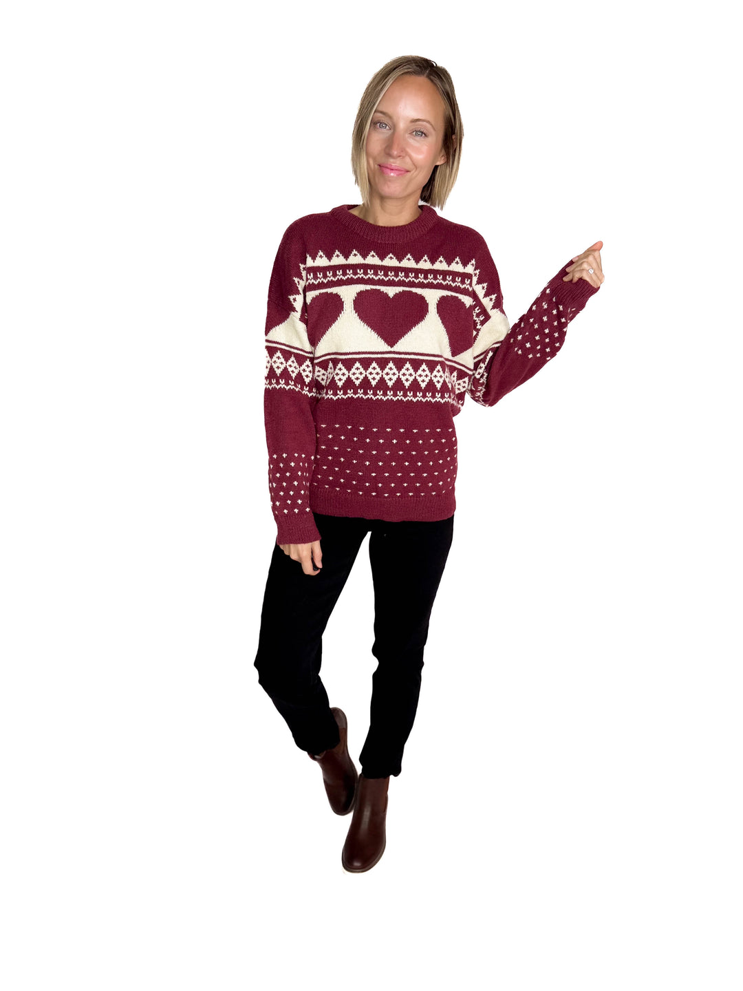 Heart Song Crew Neck Sweater- BURGUNDY/CREAM