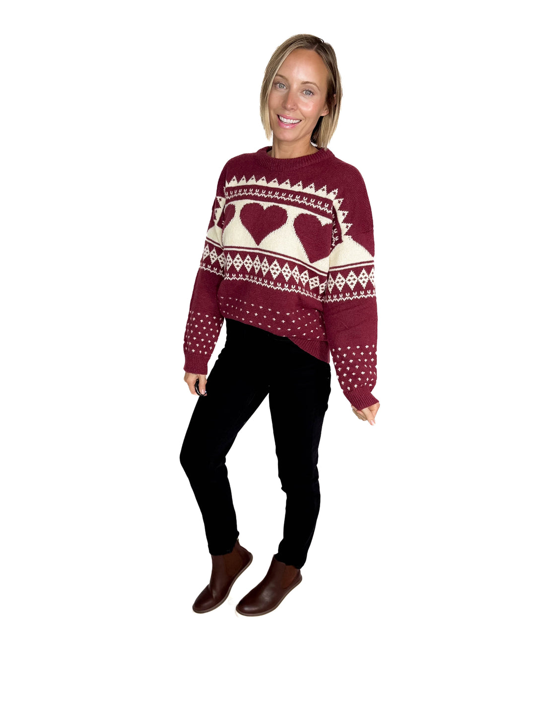 Heart Song Crew Neck Sweater- BURGUNDY/CREAM